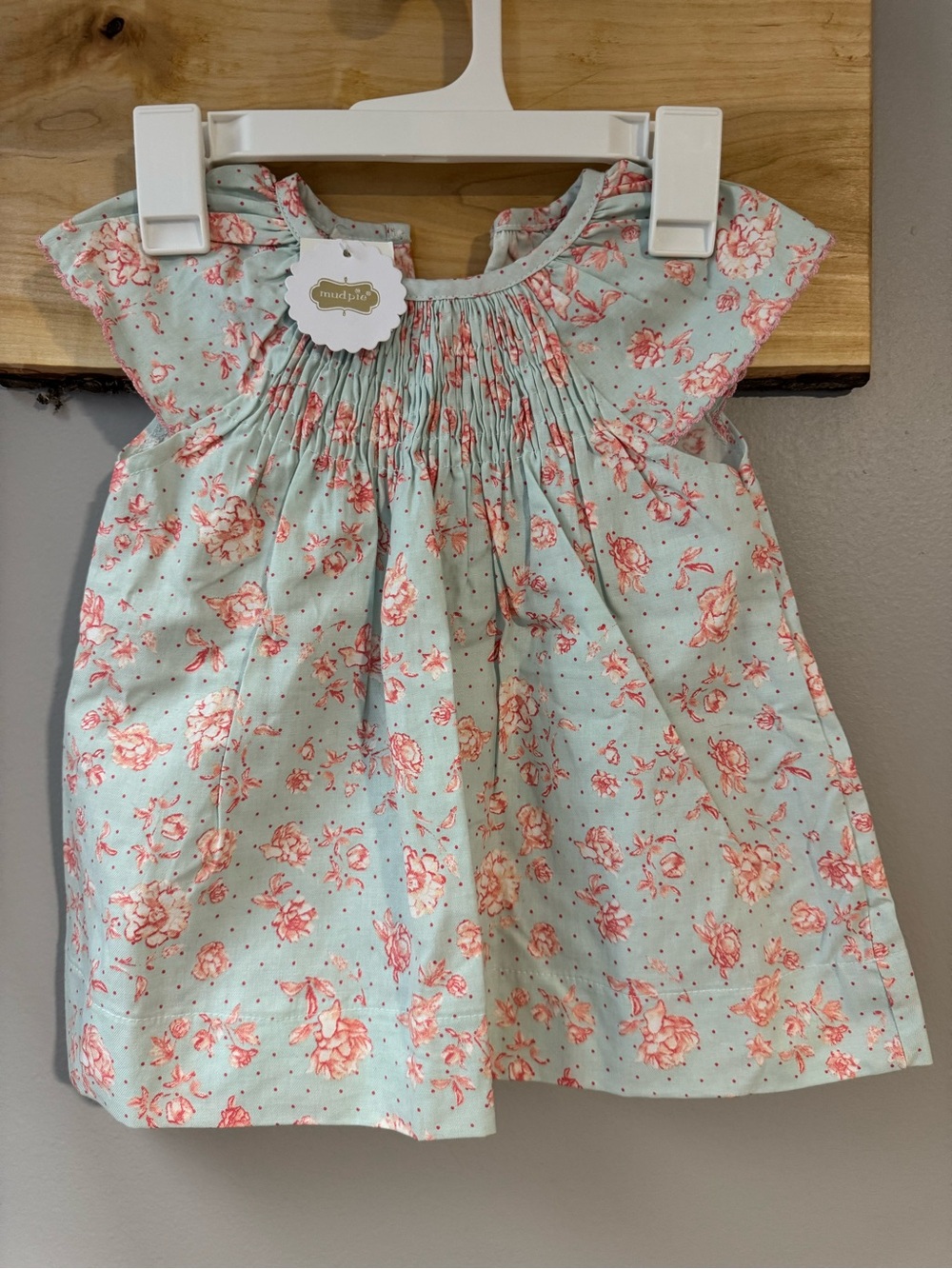 Mud Pie Smocked Baby Dress with Pink Floral Print on Mint, NWT, 9-12 mo